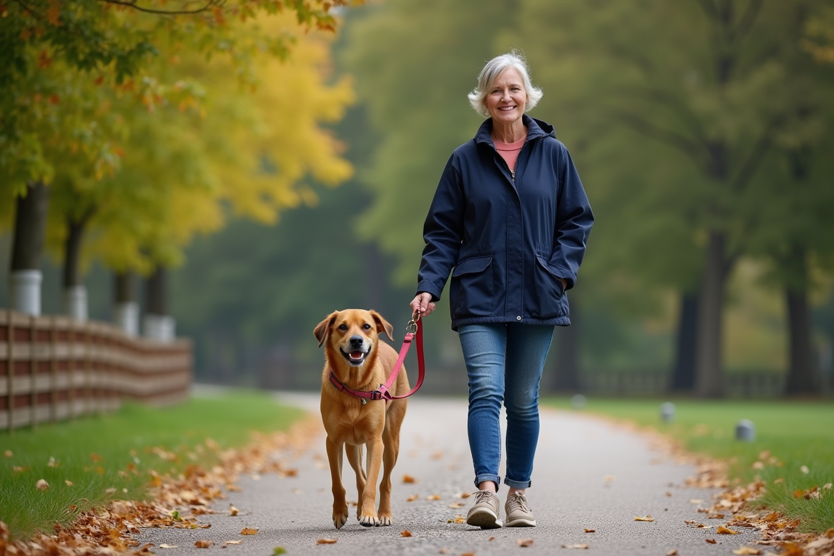Femme souriante avec chien dans un parc en automne