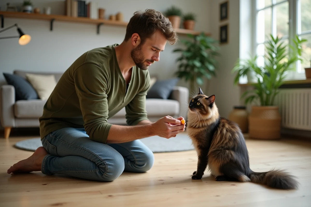 Propriétaire administrant un comprimé antiparasitaire Credelio à son chat Maine Coon à domicile