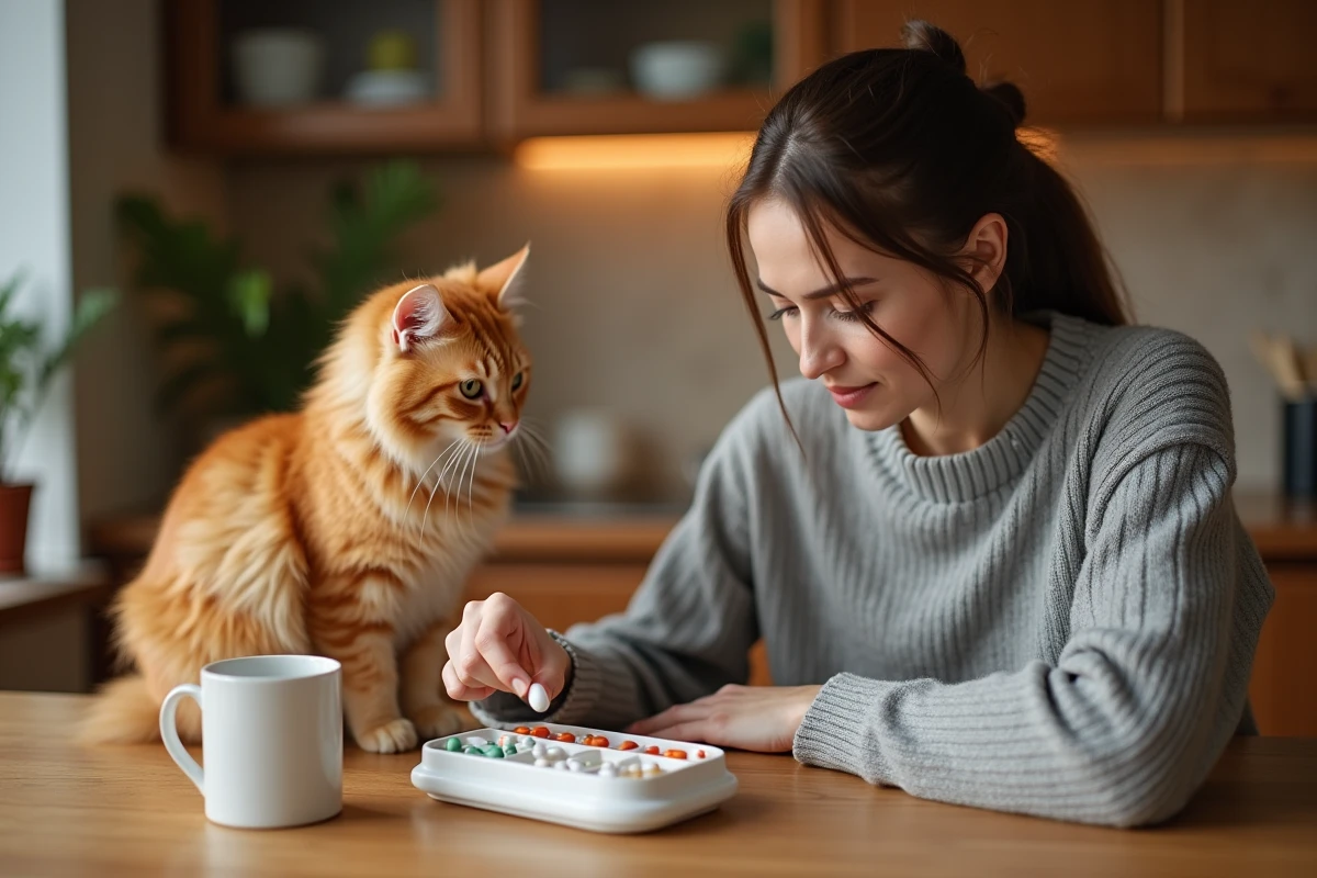 Propriétaire préparant la pilule mensuelle pour son chat Maine Coon dans la cuisine