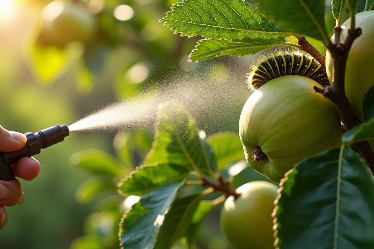 Pulvérisation d ail maison sur les feuilles de pommier dans un jardin lumineux