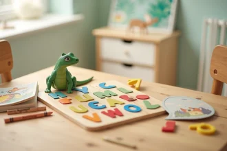 Puzzle alphabet en bois avec la lettre I et une figurine d'iguane pour enfants