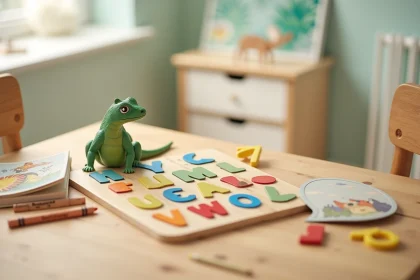 Puzzle alphabet en bois avec la lettre I et une figurine d'iguane pour enfants