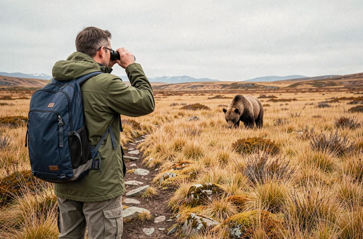 Randonneur observant un ours kodiak à distance dans une prairie de toundra en Alaska avec des jumelles