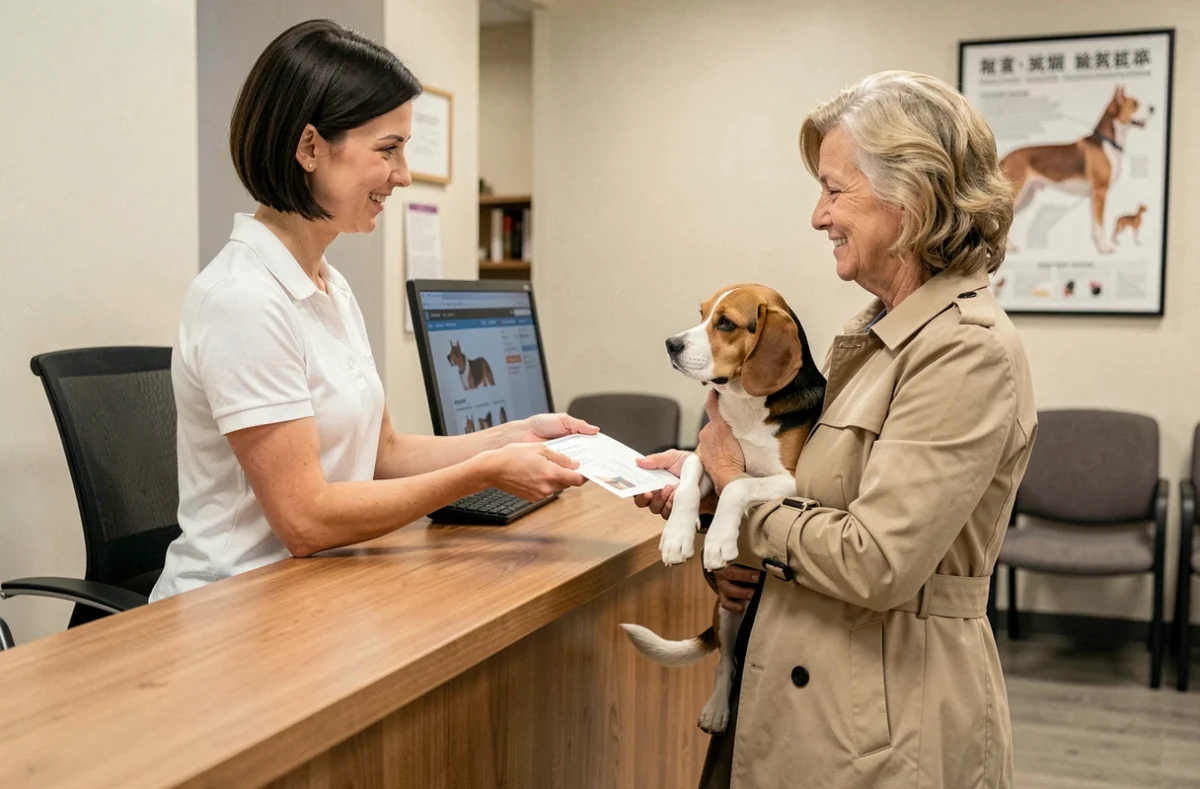 Remise de documents de remboursement mutuelle chien à la réception d'une clinique vétérinaire avec un beagle