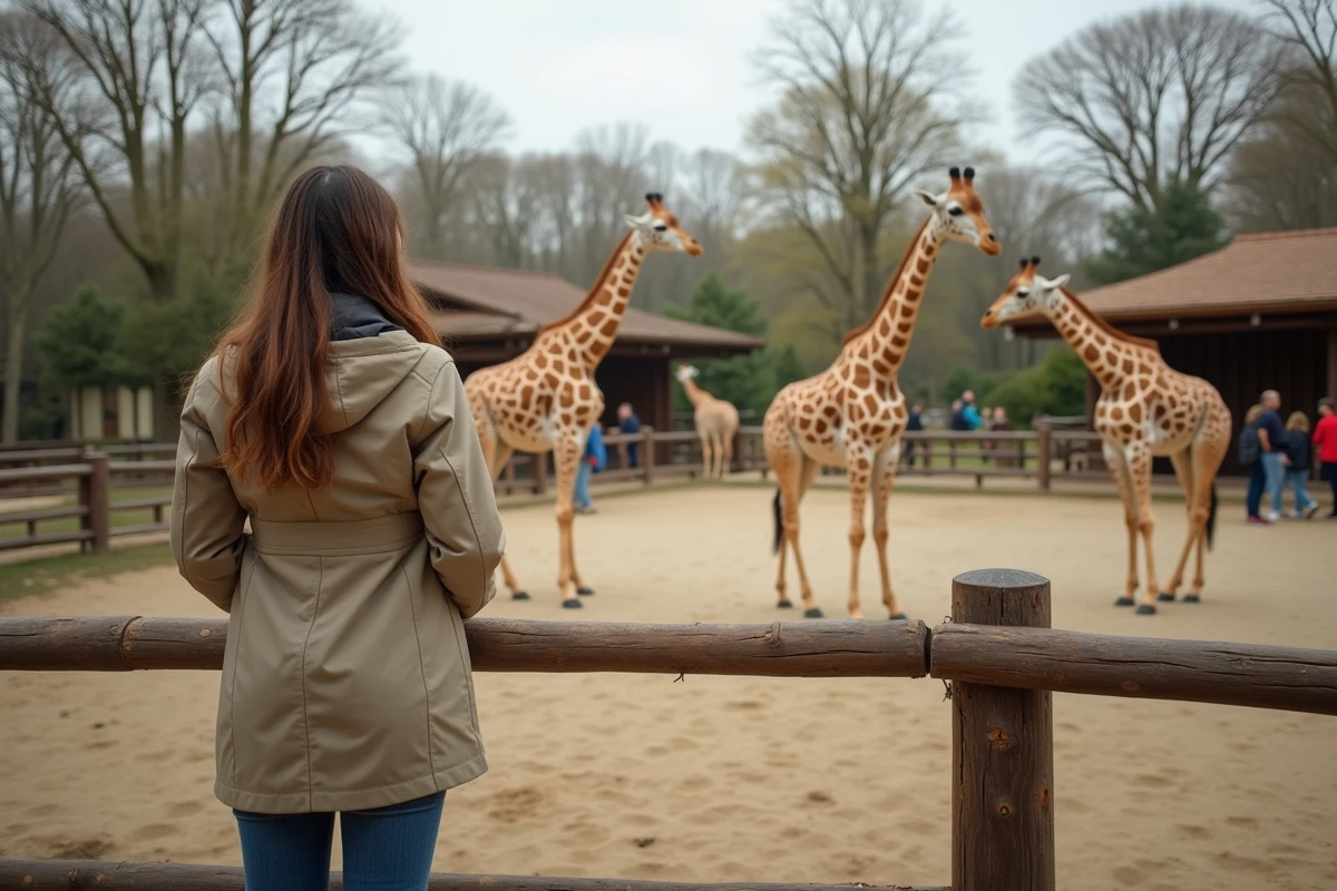 Jeune femme observant des girafes au zoo de La Palmyre