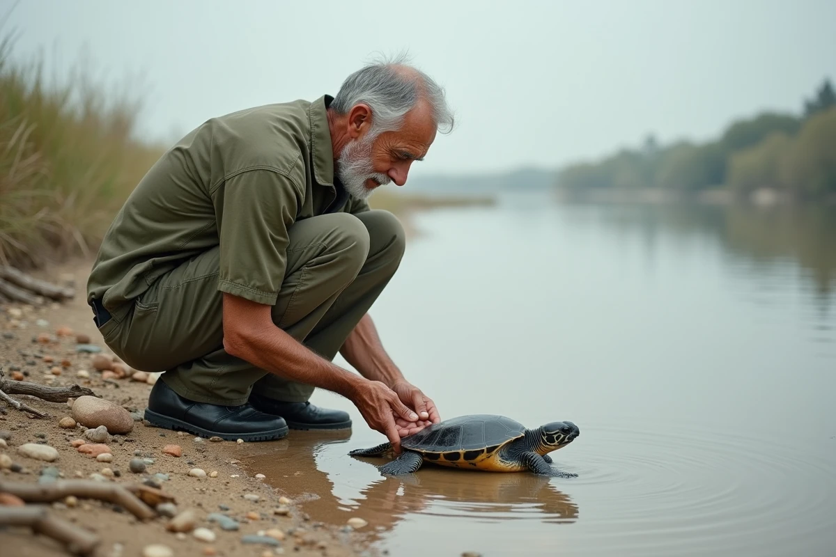 Conservationniste relâchant une tortue de mer dans la rivière