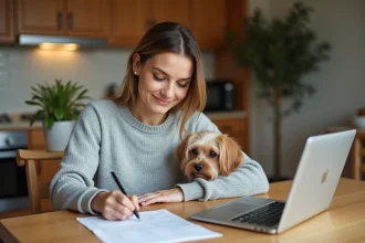 Femme remplissant un formulaire de remboursement assurance animaux avec son chien à ses côtés