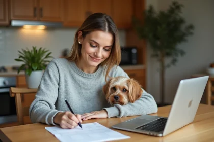 Femme remplissant un formulaire de remboursement assurance animaux avec son chien à ses côtés