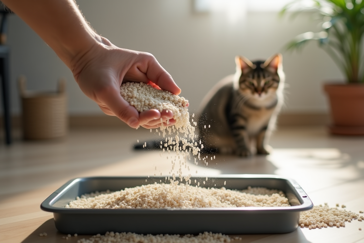 Main versant de la litière pour chat avec un chat curieux en arrière-plan