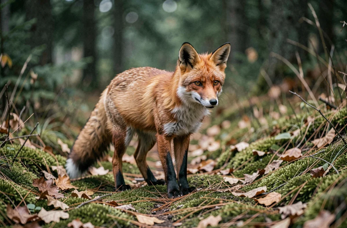Renard roux sauvage sur un sentier forestier, vecteur potentiel de l'échinococcose alvéolaire via ses déjections