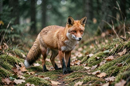 Renard roux sauvage sur un sentier forestier, vecteur potentiel de l'échinococcose alvéolaire via ses déjections