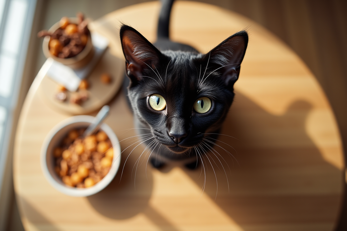 Chat Bengal près d un repas équilibré sur une table en bois