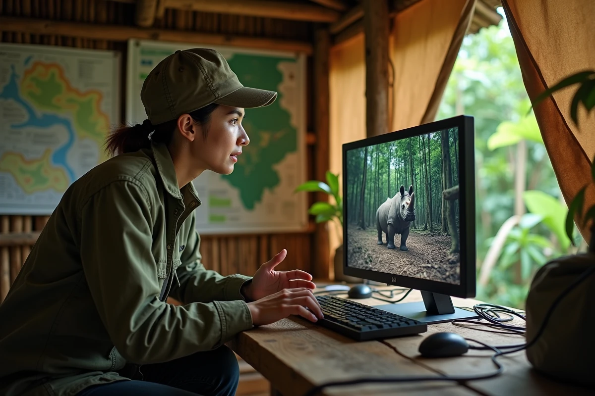Chercheuse en conservation observant une image de piège photographique d'un rhinocéros de Java, espèce parmi les plus rares au monde, dans un camp de terrain en Indonésie