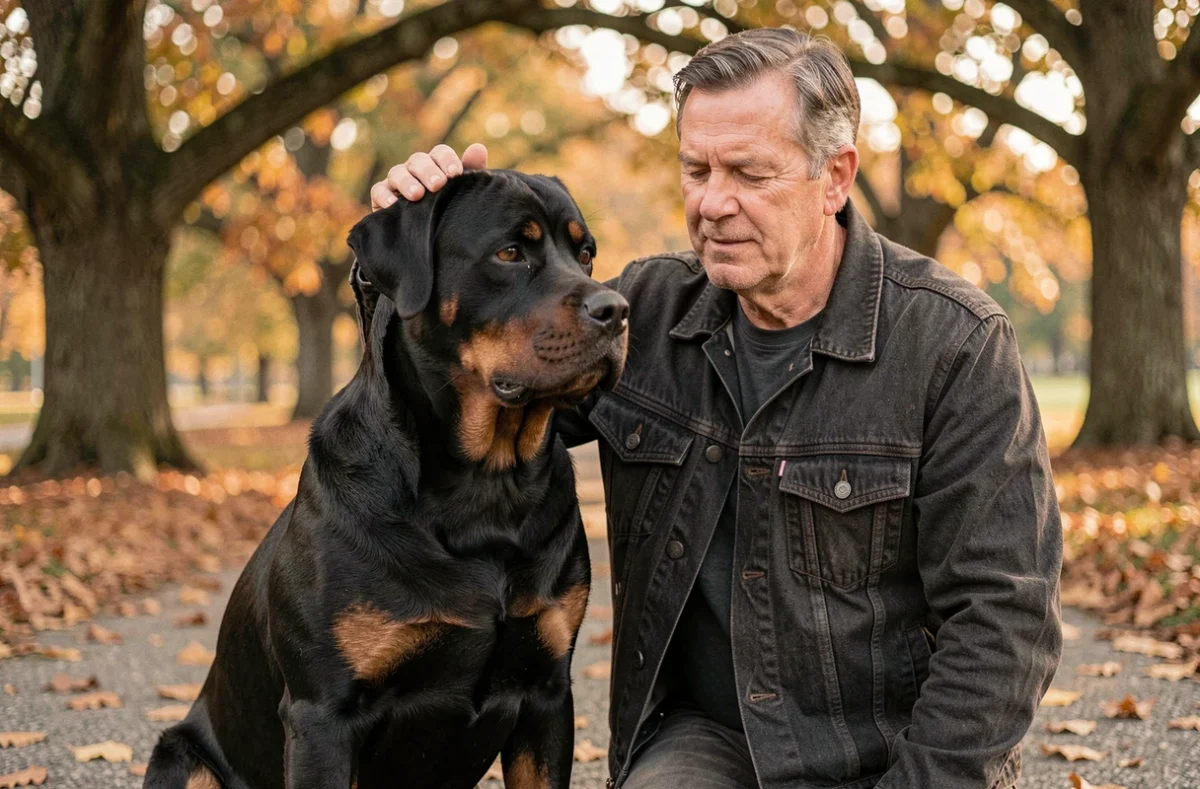 Rottweiler imposant et fidèle assis aux côtés de son maître dans un parc en automne