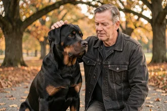 Rottweiler imposant et fidèle assis aux côtés de son maître dans un parc en automne