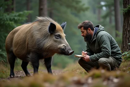 Sanglier sauvage au bord d'une forêt dense en automne