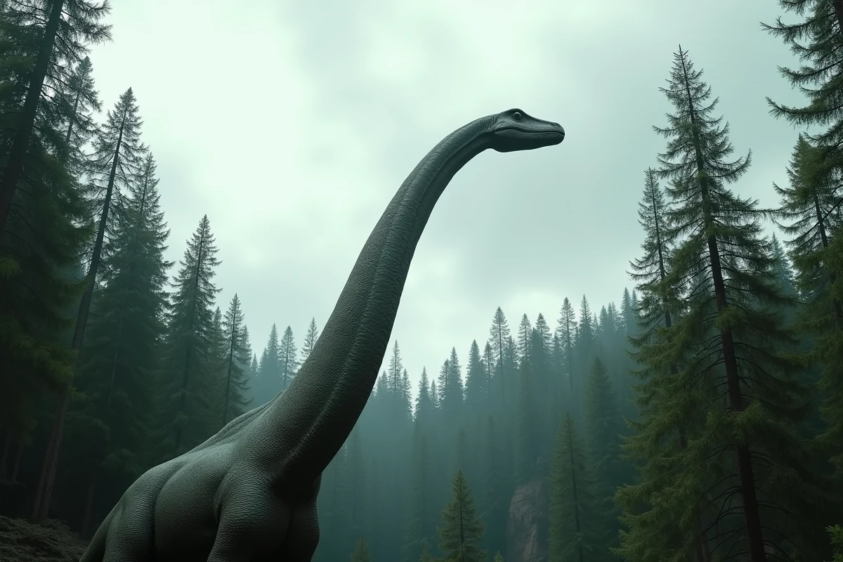 Sauroposeidon proteles, le plus haut dinosaure connu, émergeant sa tête au-dessus de la canopée crétacée