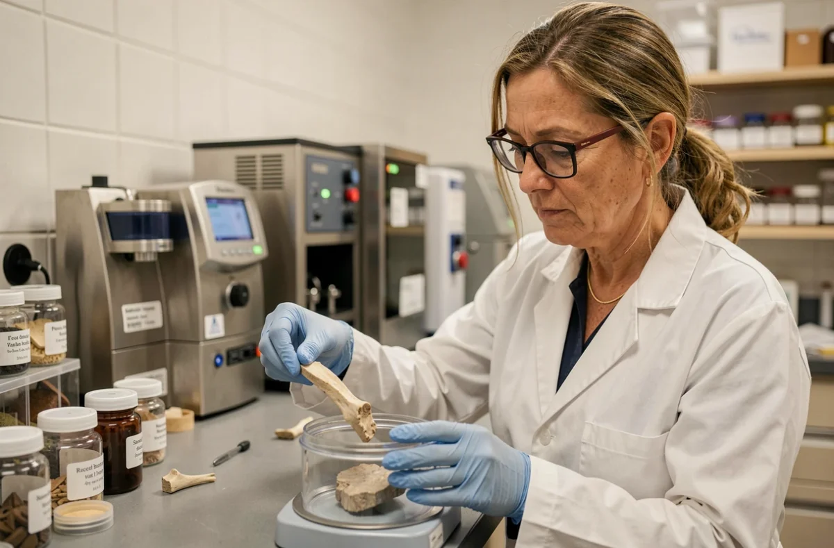 Chercheuse en blouse blanche manipulant un fragment osseux pour une datation au carbone 14 dans un laboratoire universitaire spécialisé
