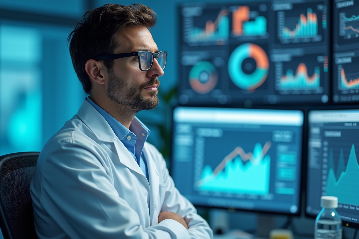 Scientifique pensif dans un laboratoire moderne avec graphiques