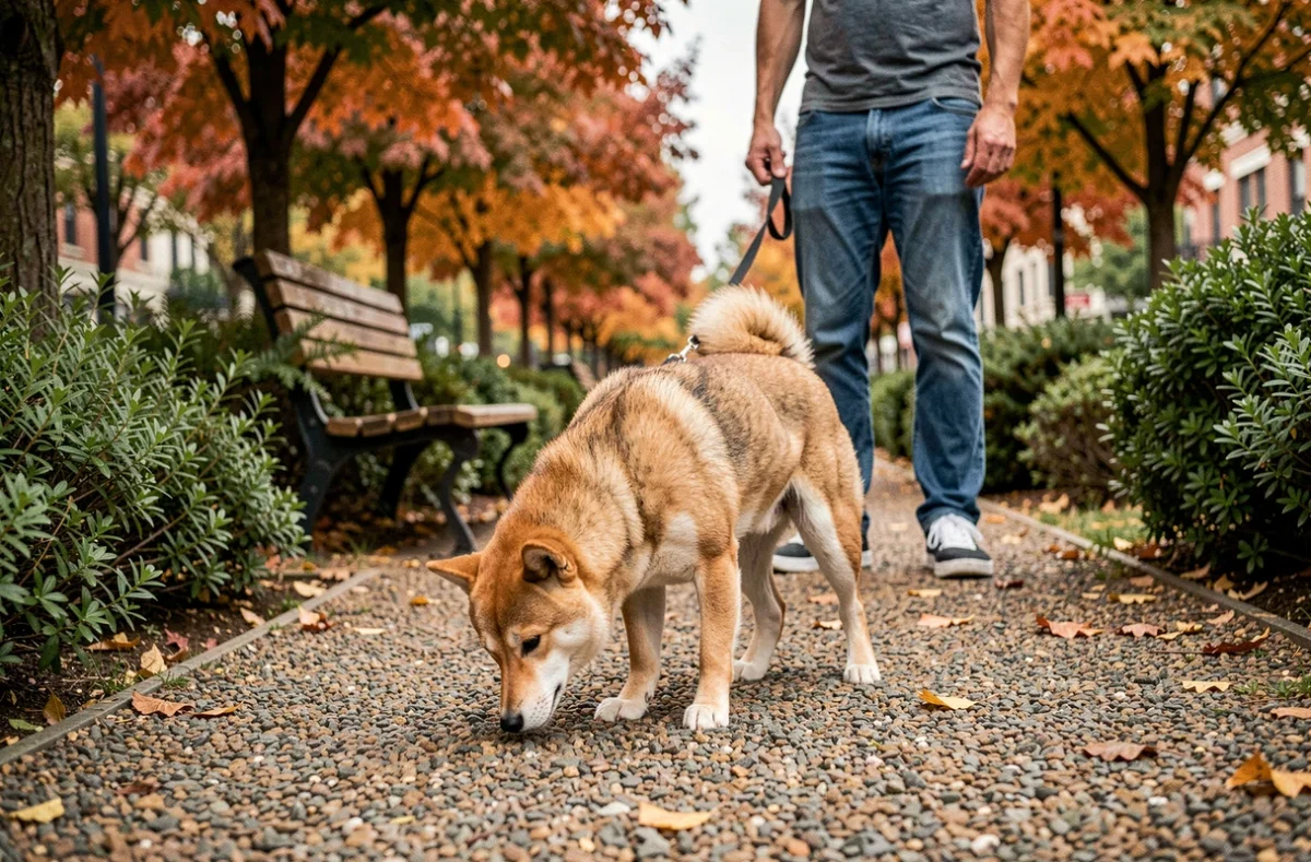 Shiba inu au pelage sésame explorant un parc urbain en automne sur un chemin de gravier entouré de feuillage coloré