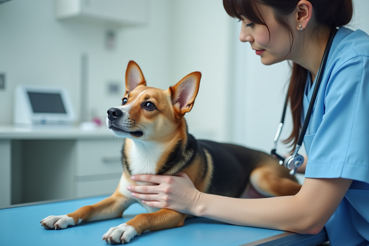 Vétérinaire douceur caressant un petit chien en consultation