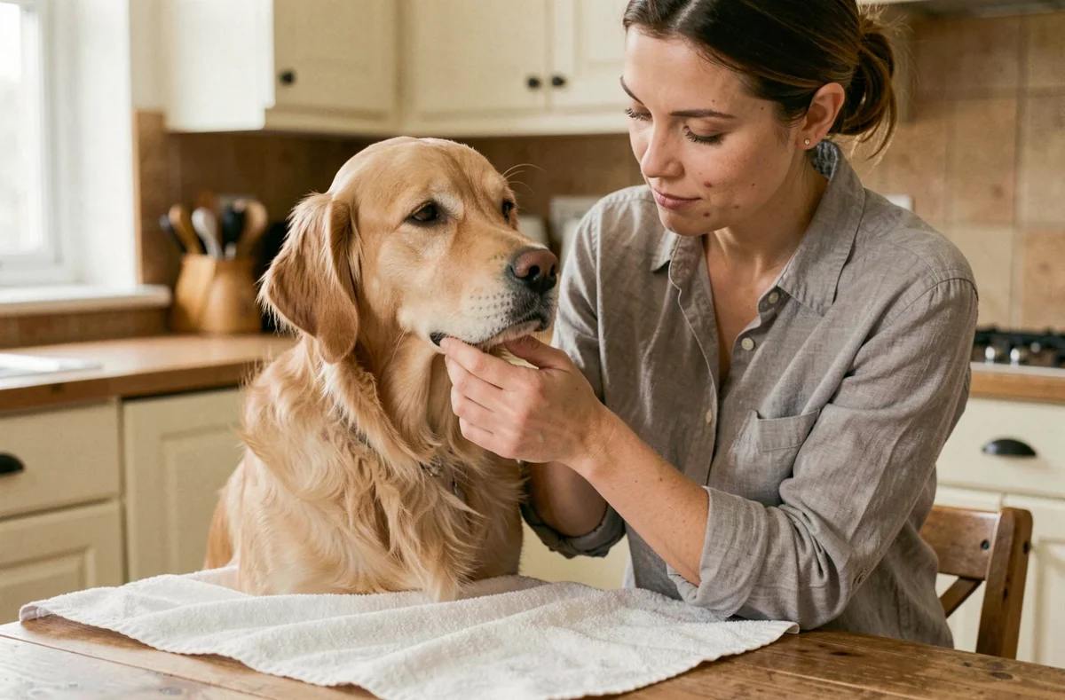 Femme soignant les boutons sur le museau d'un golden retriever posé sur une table de cuisine