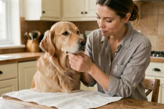 Femme soignant les boutons sur le museau d'un golden retriever posé sur une table de cuisine