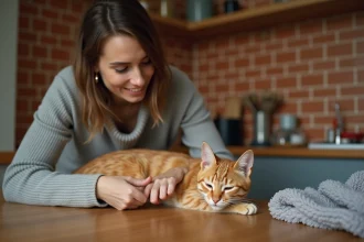 Femme examinant son chat roux sur une table en bois dans une cuisine, gestes de soins vétérinaires à domicile