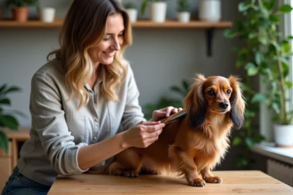 Femme coiffant un chien dachshund en intérieur