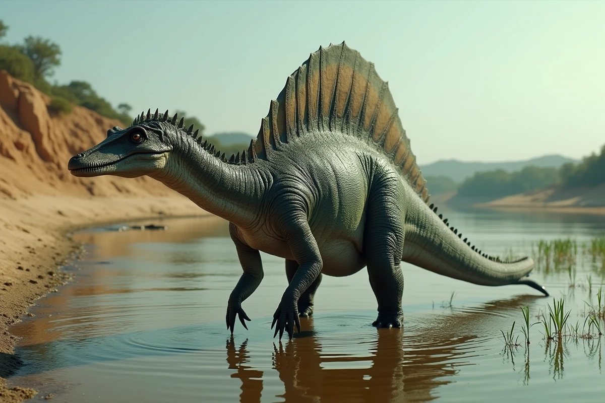 Spinosaurus aegyptiacus, le plus grand théropode carnivore, chassant au bord d'une rivière deltaïque
