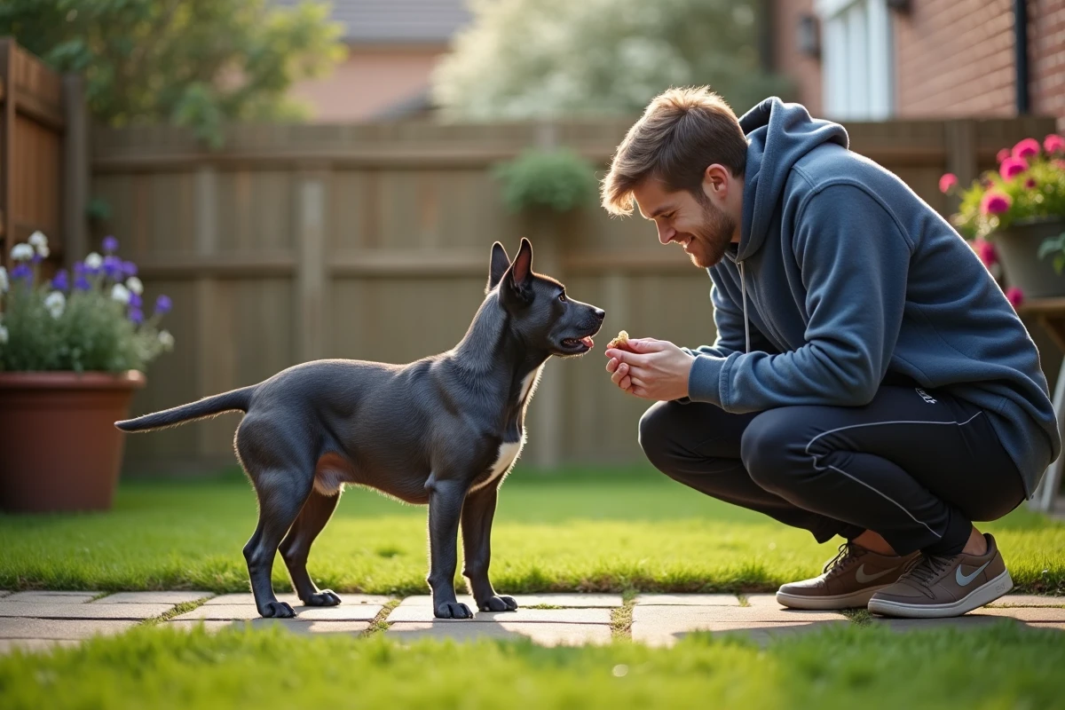 Staffie bleu au seuil du jardin avec un jeune homme