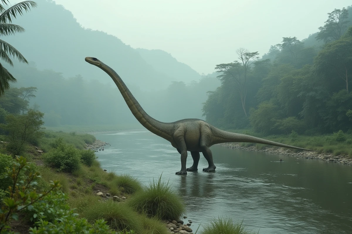 Supersaurus vivianae, recordman probable de la longueur chez les dinosaures, au bord d'une rivière jurassique