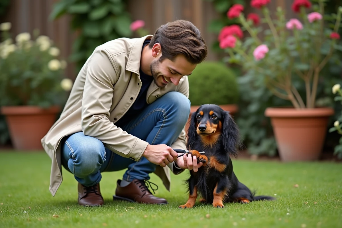 Jeune homme taillant un dachshund dans un jardin
