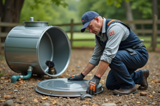 Technicien inspectant un systeme septique en campagne