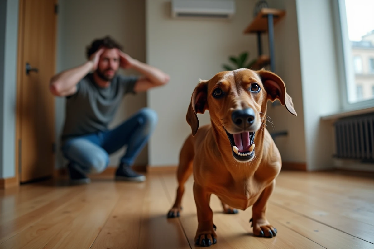 Teckel aboyant dans un appartement pendant qu'un propriétaire exaspéré se bouche les oreilles en arrière-plan