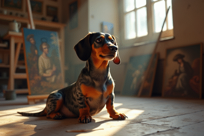 Teckel tacheté dans un atelier d'art classique