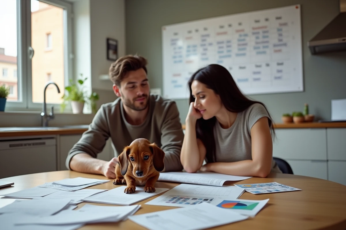 Jeune couple dépassé par les documents d'adoption face à un chiot teckel espiègle, avec un calendrier de quinze ans affiché au mur