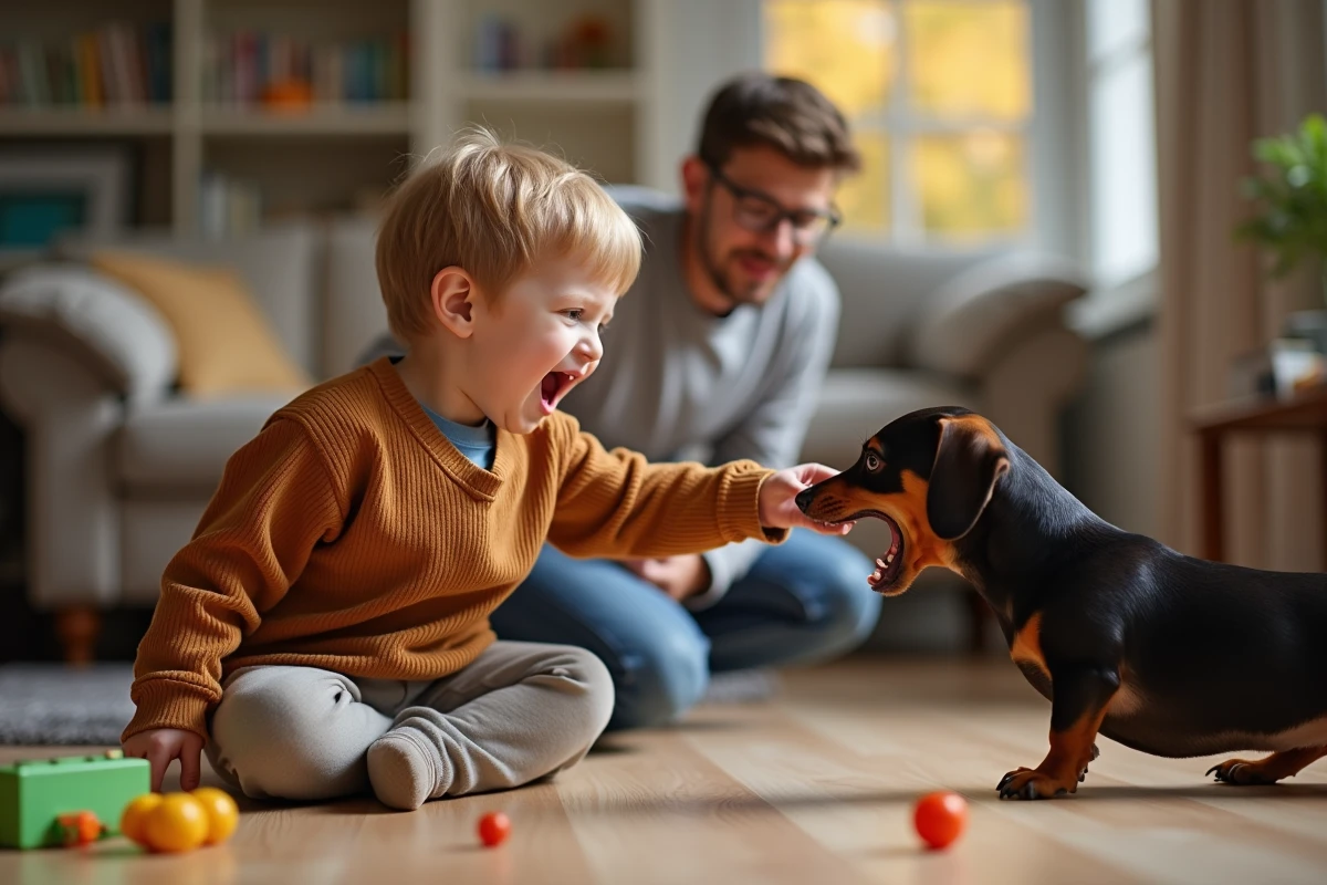 Enfant en bas âge tendant la main vers un teckel qui grogne, illustrant le gabarit trompeur et les risques avec les jeunes enfants