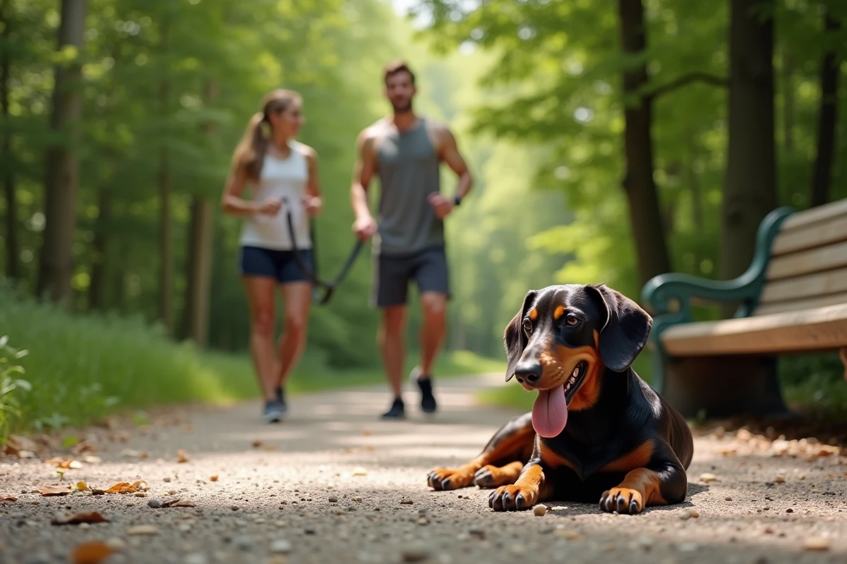 Teckel épuisé refusant de continuer une promenade sportive pendant qu'un couple en tenue de running attend