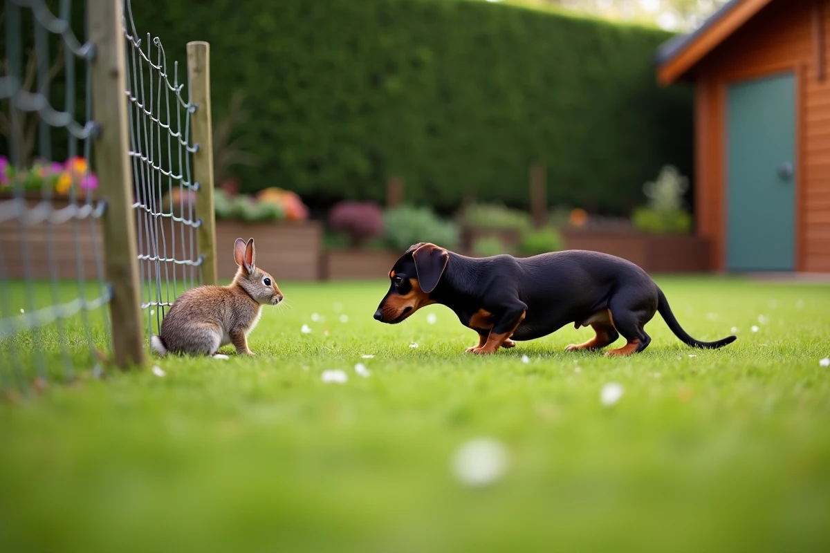 Teckel en position de chasse face à un lapin dans un jardin, illustrant l'instinct de prédateur incompatible avec d'autres animaux