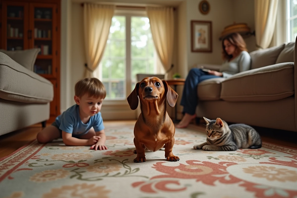 Teckel jaloux s'interposant entre un enfant en bas âge et le chat de la maison dans un salon familial