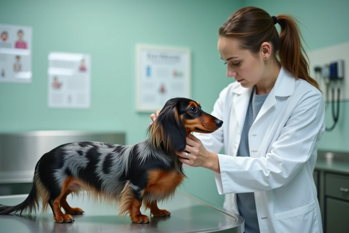 Vétérinaire examinant un teckel nain poil long arlequin sur une table de consultation dans une clinique vétérinaire moderne