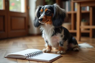 Teckel nain poil long arlequin assis sur un parquet en bois à côté d'un carnet de notes et d'un livre sur les races de chiens