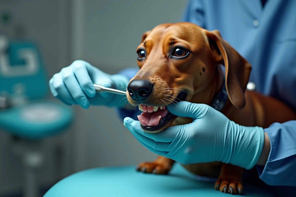Vétérinaire examinant les dents d'un teckel sédaté, illustrant les problèmes dentaires récurrents de la race