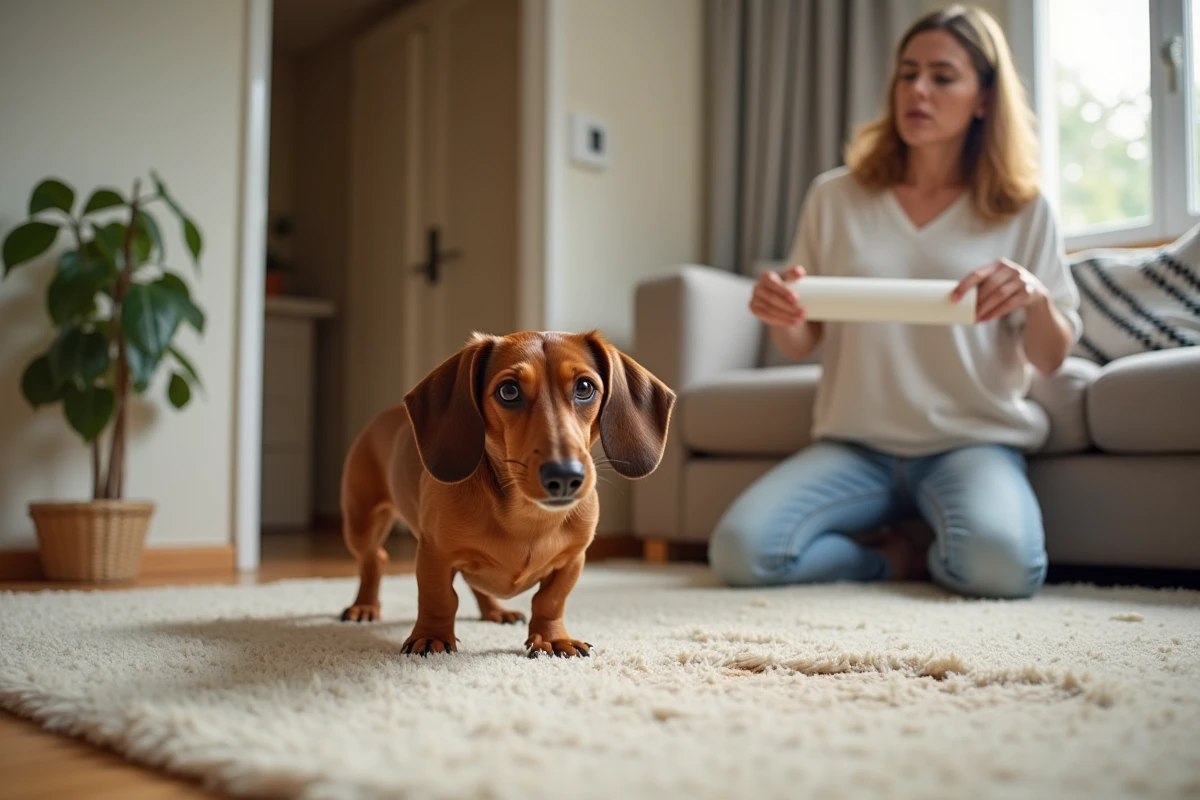 Teckel faisant ses besoins sur un tapis intérieur, illustrant les difficultés persistantes de propreté de la race
