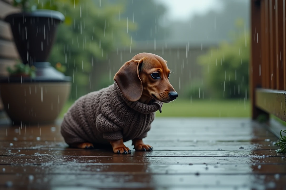 Teckel en pull tricoté sur un porche mouillé sous la pluie, illustrant sa sensibilité au froid et à l'humidité