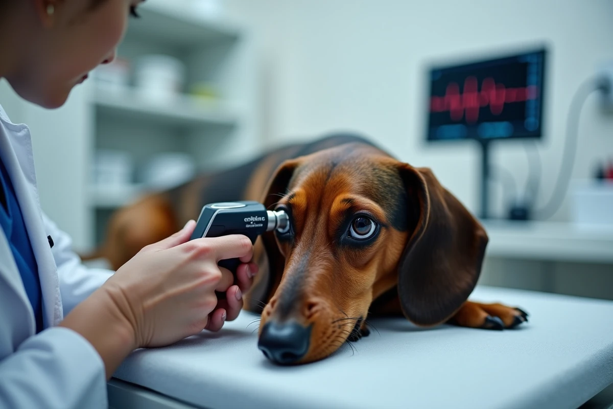 Vétérinaire examinant l'œil d'un teckel atteint de cataracte, avec un tracé ECG en arrière-plan illustrant les prédispositions cardiaques