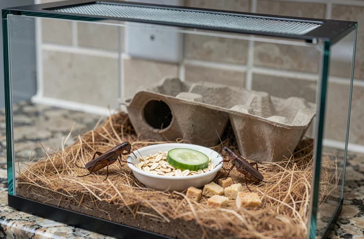 Terrarium en verre avec des grillons se nourrissant de flocons d'avoine et de concombre sur substrat naturel