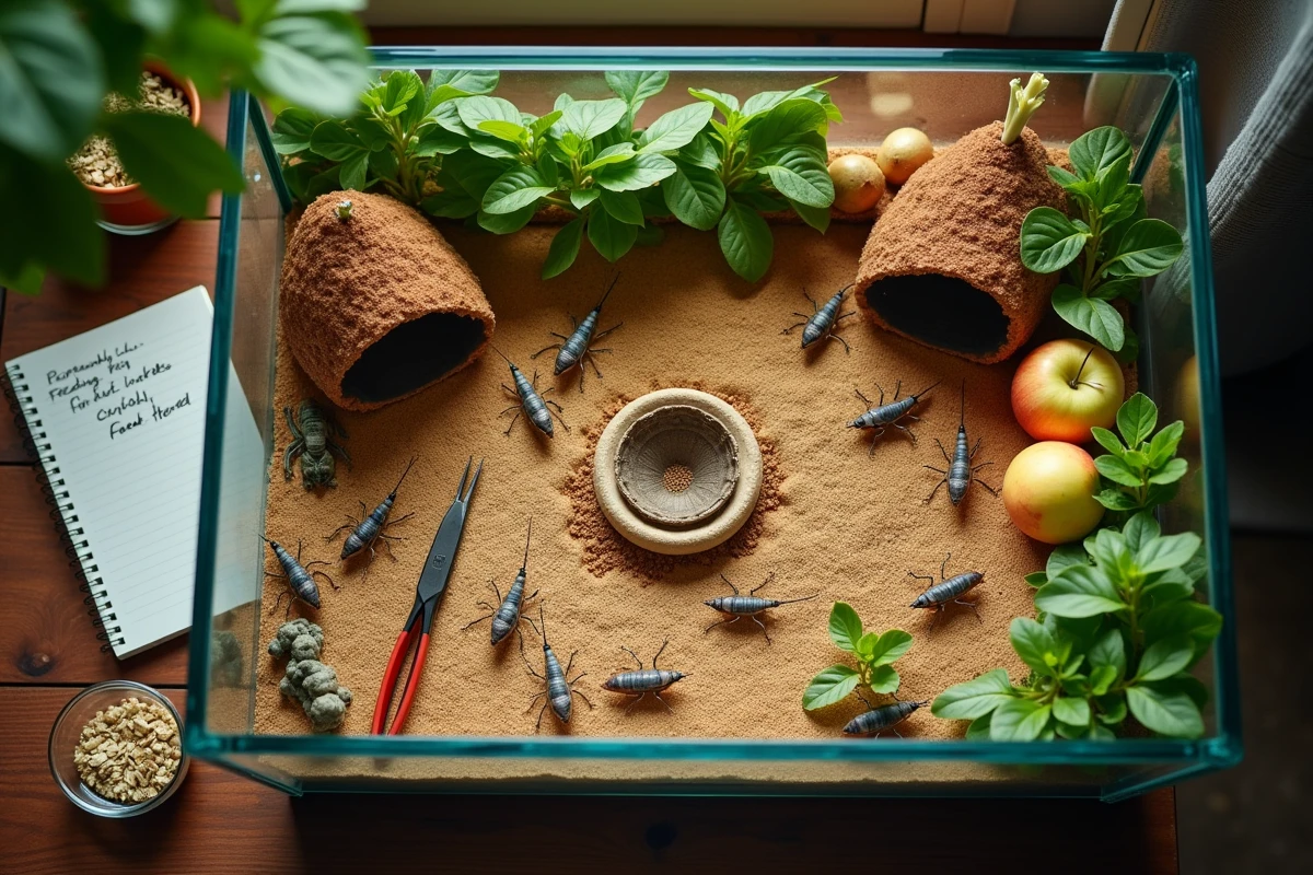 Vue de dessus d'un terrarium domestique pour grillons avec légumes frais, cachettes en carton d'œufs et accessoires d'élevage