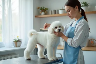 Toiletteur professionnel brossant le poil blanc d'un Bichon Maltais sur une table de toilettage dans un salon propre et organisé